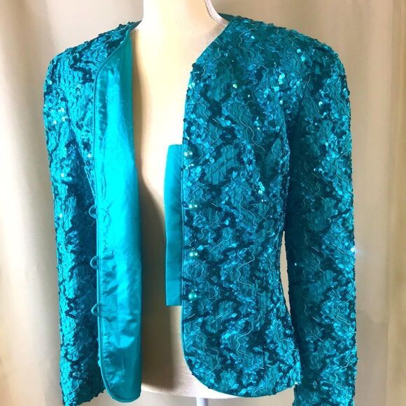 VTG Nah Nah Collection Lace Emerald Sequins Women Blazer Sz 12 Made In USA - Picture 5 of 16